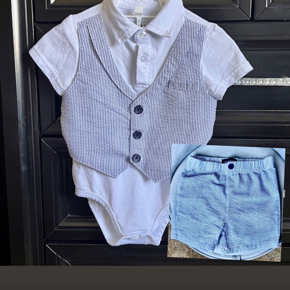 Andy & Evan Blue & White Stripe Vest, Polo, & Short Set
